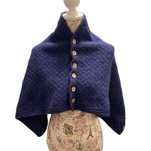 Navy Button-Front Wool Wrap Shawl - Women